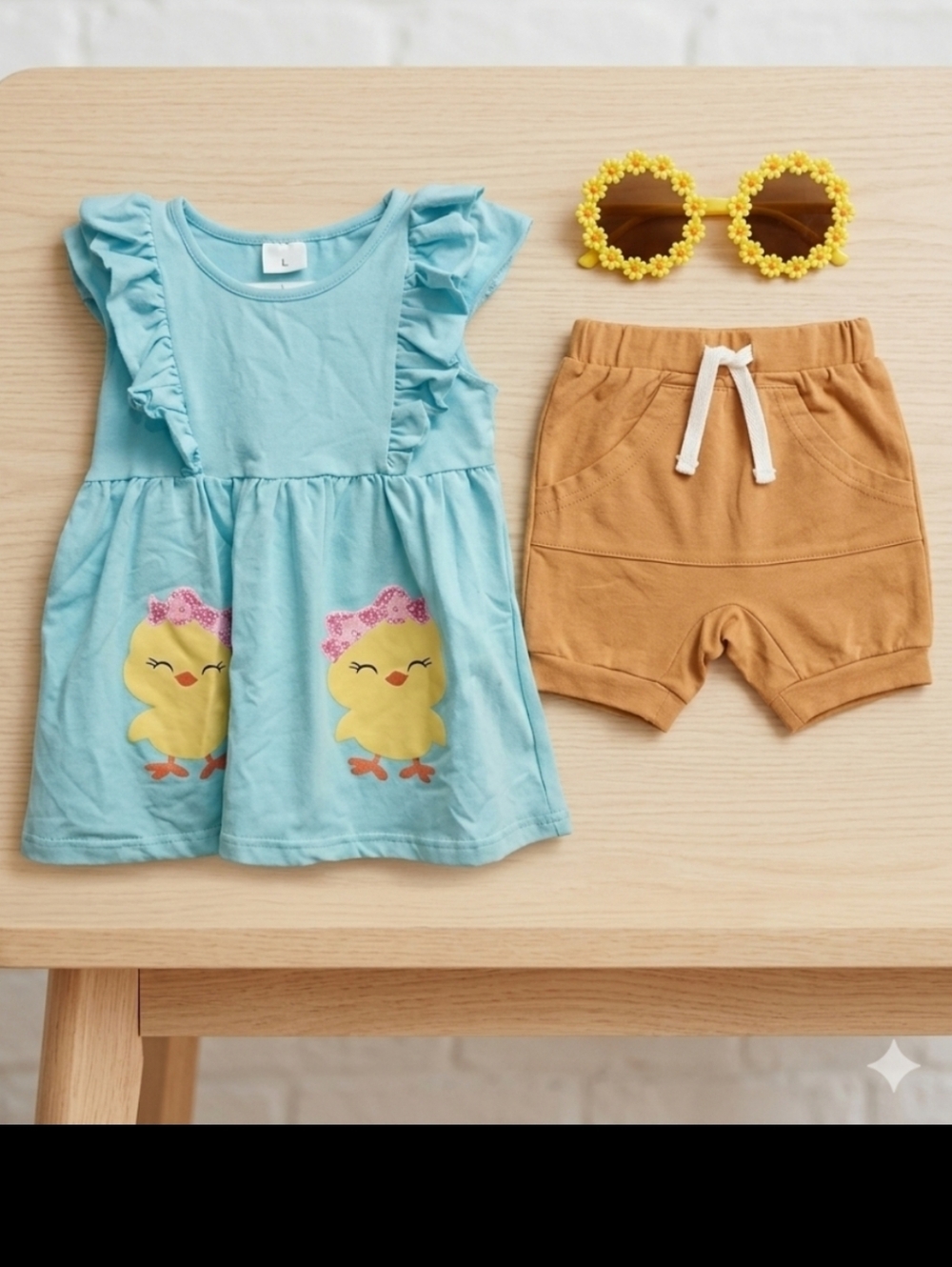 Adorable Baby Girl Blue Ruffle Dress & Mustard Shorts Set with Daisy Sunglasses